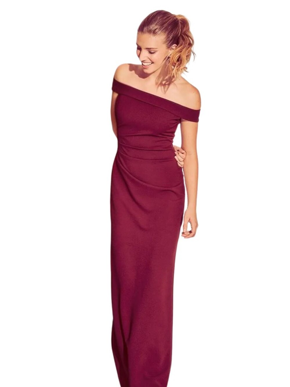Off Shoulder Side Drape Dress In Cabernet/Burgendy